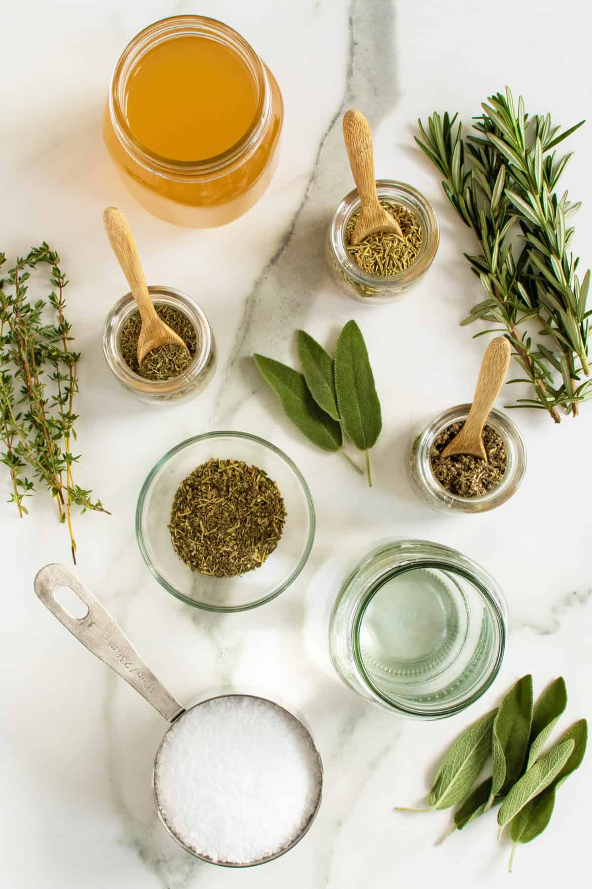 Turkey Brine ingredients in small clear bowls