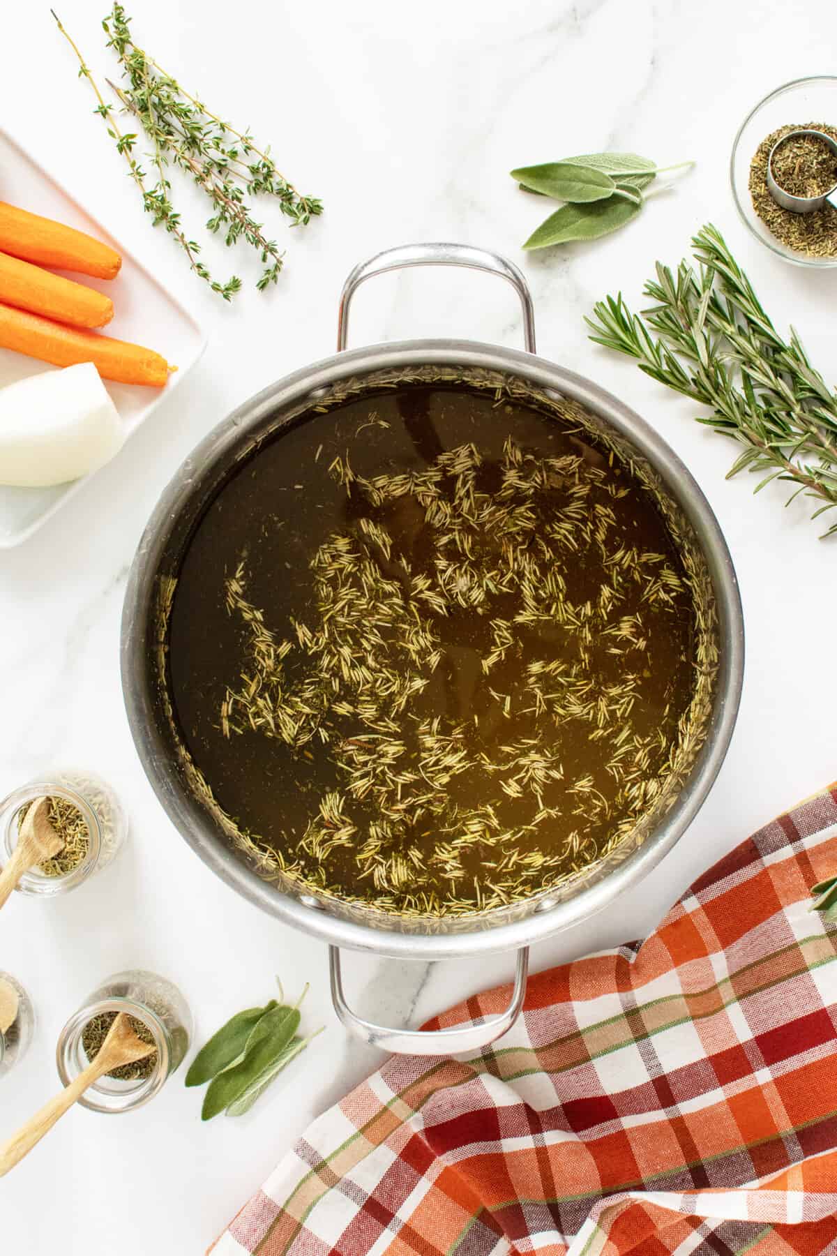 Turkey Brine in pot with herba and spices