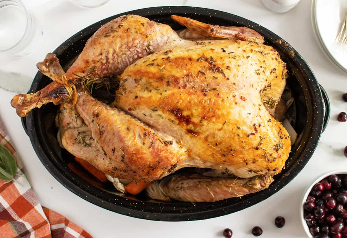 Turkey Brine turkey in roaster golden brown with spices