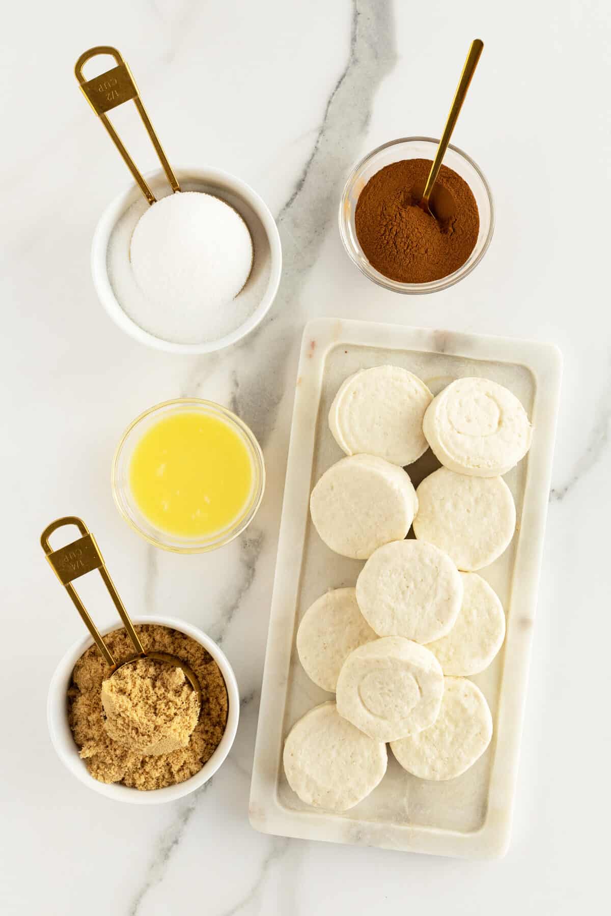 air fryer doughnuts ingredients in measuring cups