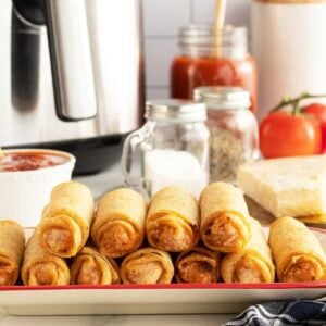 air fryer pizza rolls on a long platter