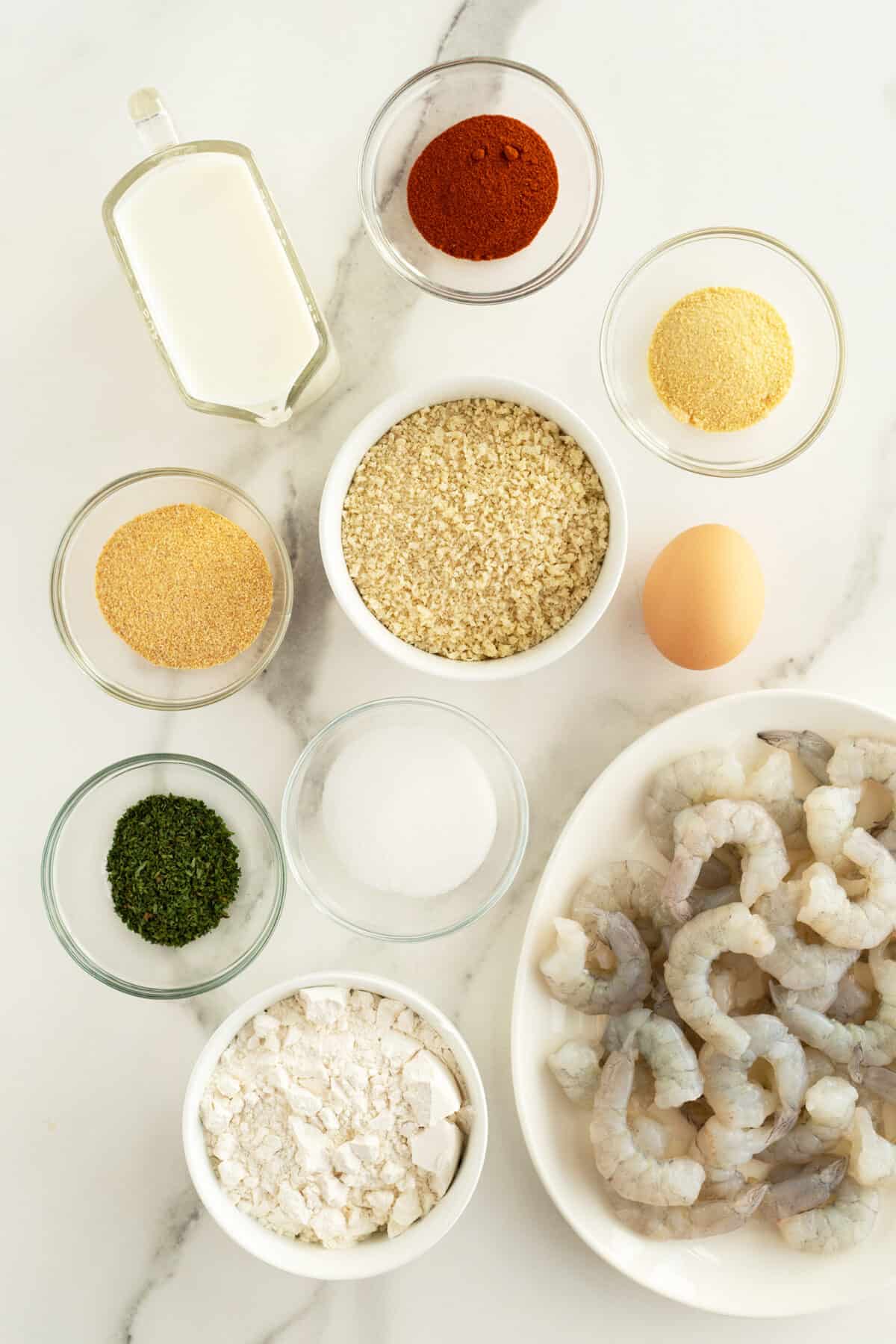air fryer popcorn shrimp ingredients in small clear bowls