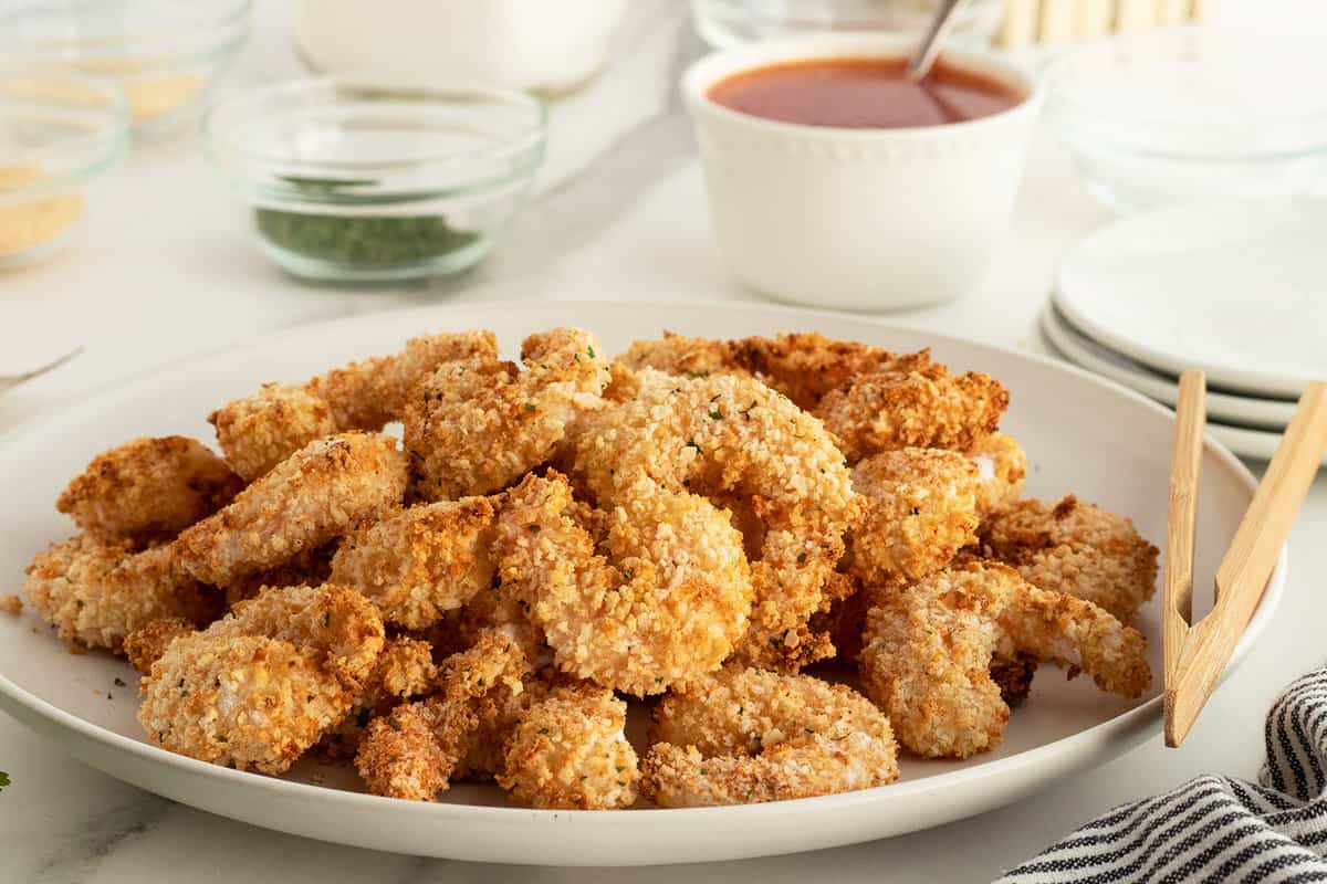 Bite-sized shrimp with a golden, crispy breading.