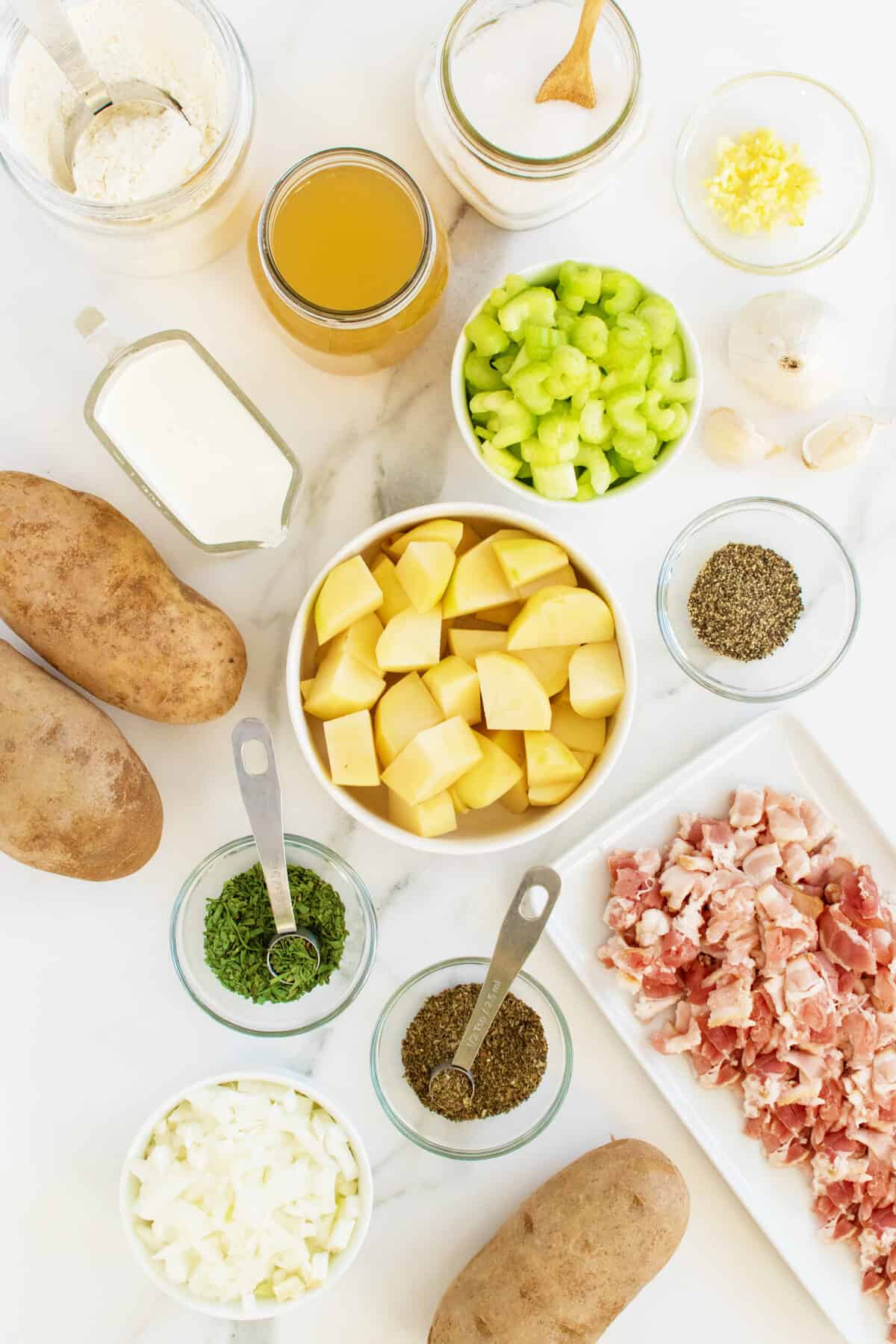 cream of potato soup ingredients in small white bowls