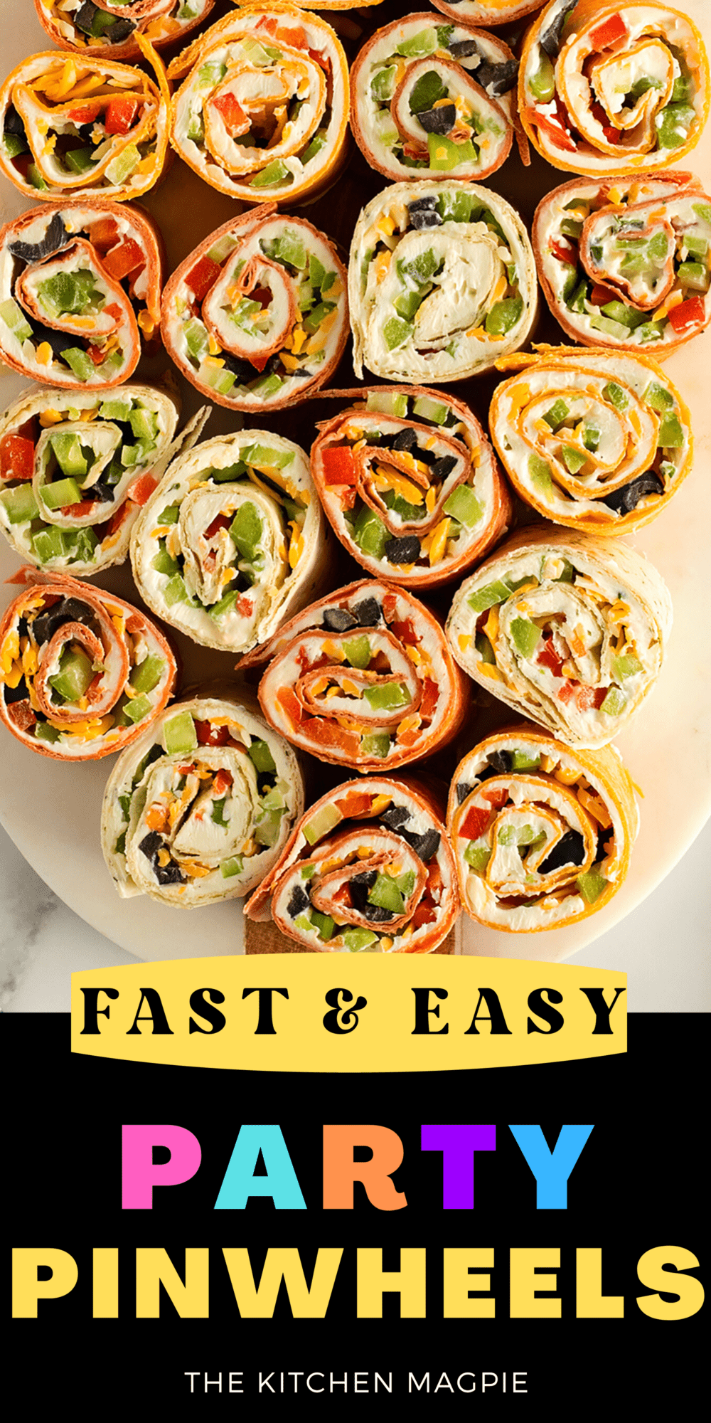 Party pinwheels are filled with a cream cheese mixture and your favorite veggies all rolled up in a tortilla ready to serve as a light snack at your next party!