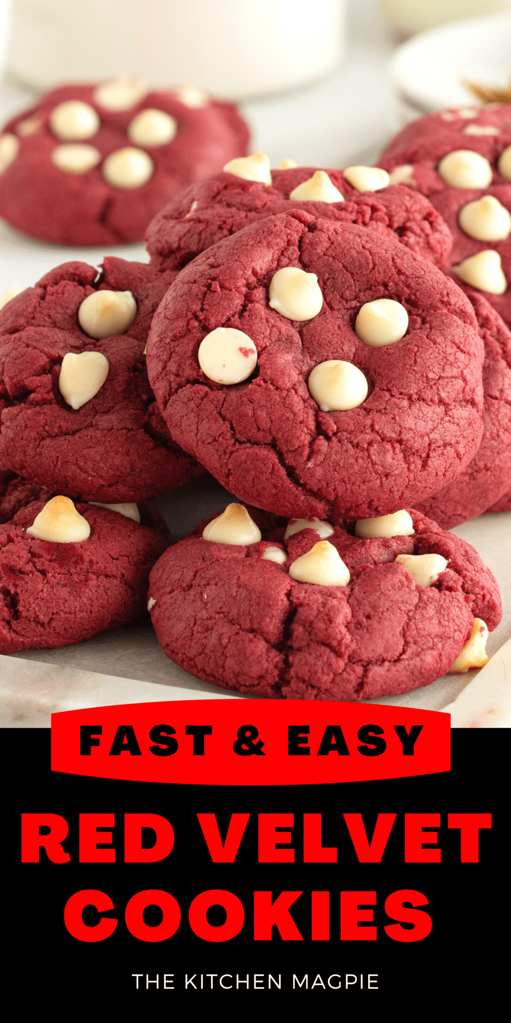 A delightful tender soft cookie that is a cheerful red color,  filled with white chocolate chips in every bite.