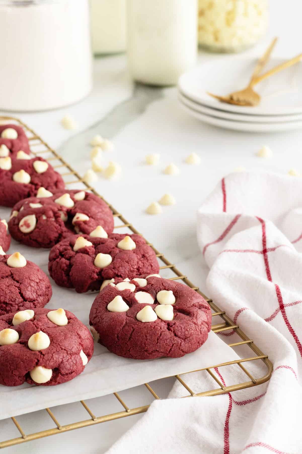 red velvet cookies on a baking tray with parchment paper