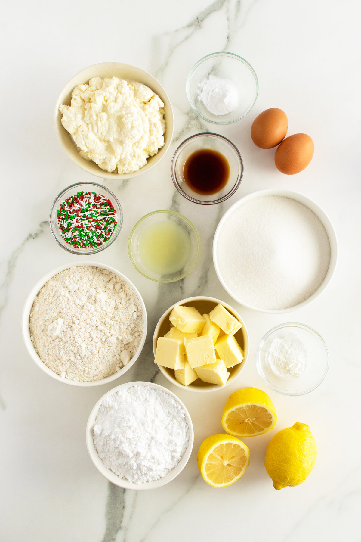 ricotta cookies ingredients in small bowls