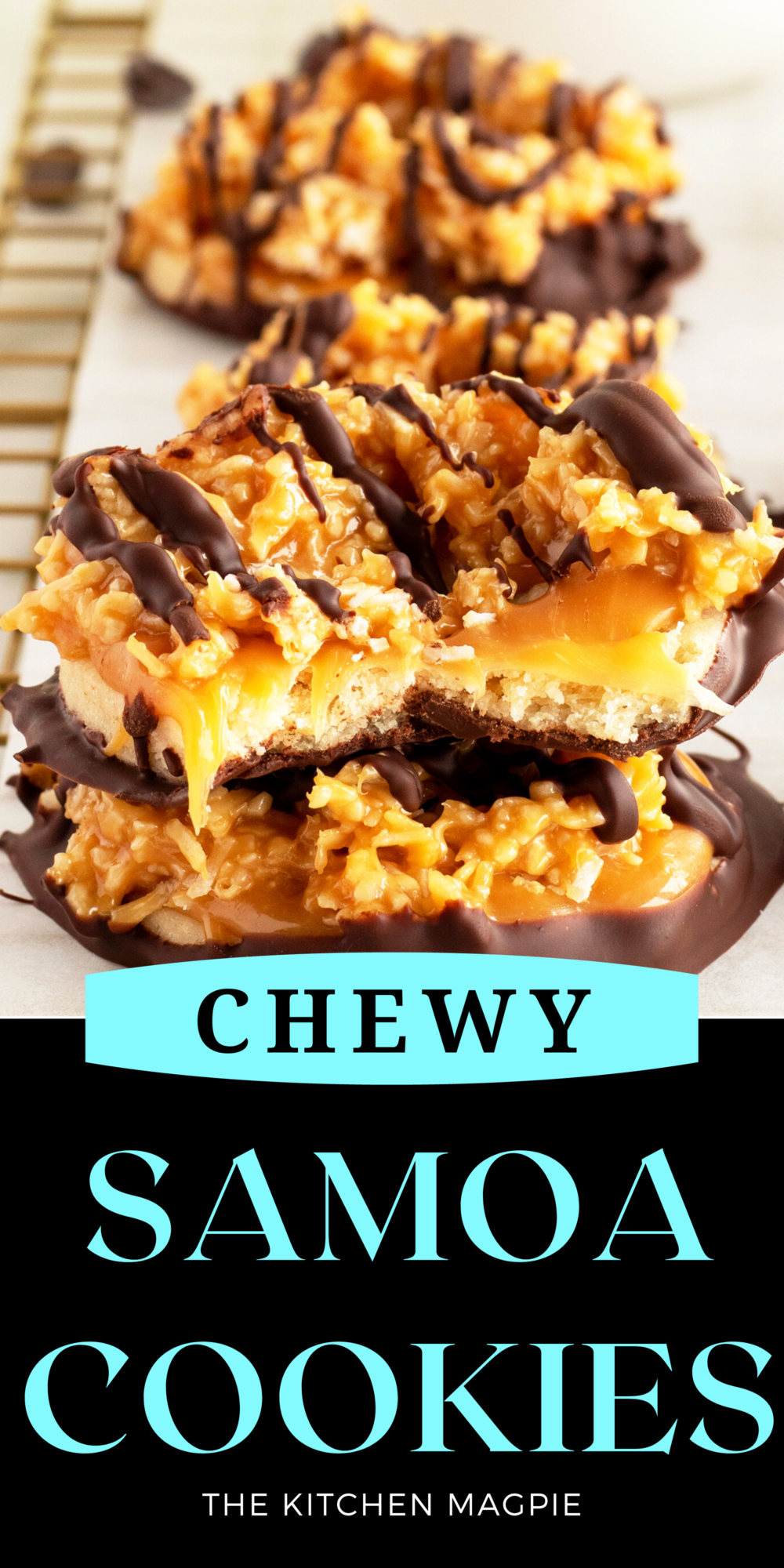 Samoa cookies are a buttery, almost crumbly cookie with soft chewy caramel coconut topping and a wonderful rich chocolate drizzle.