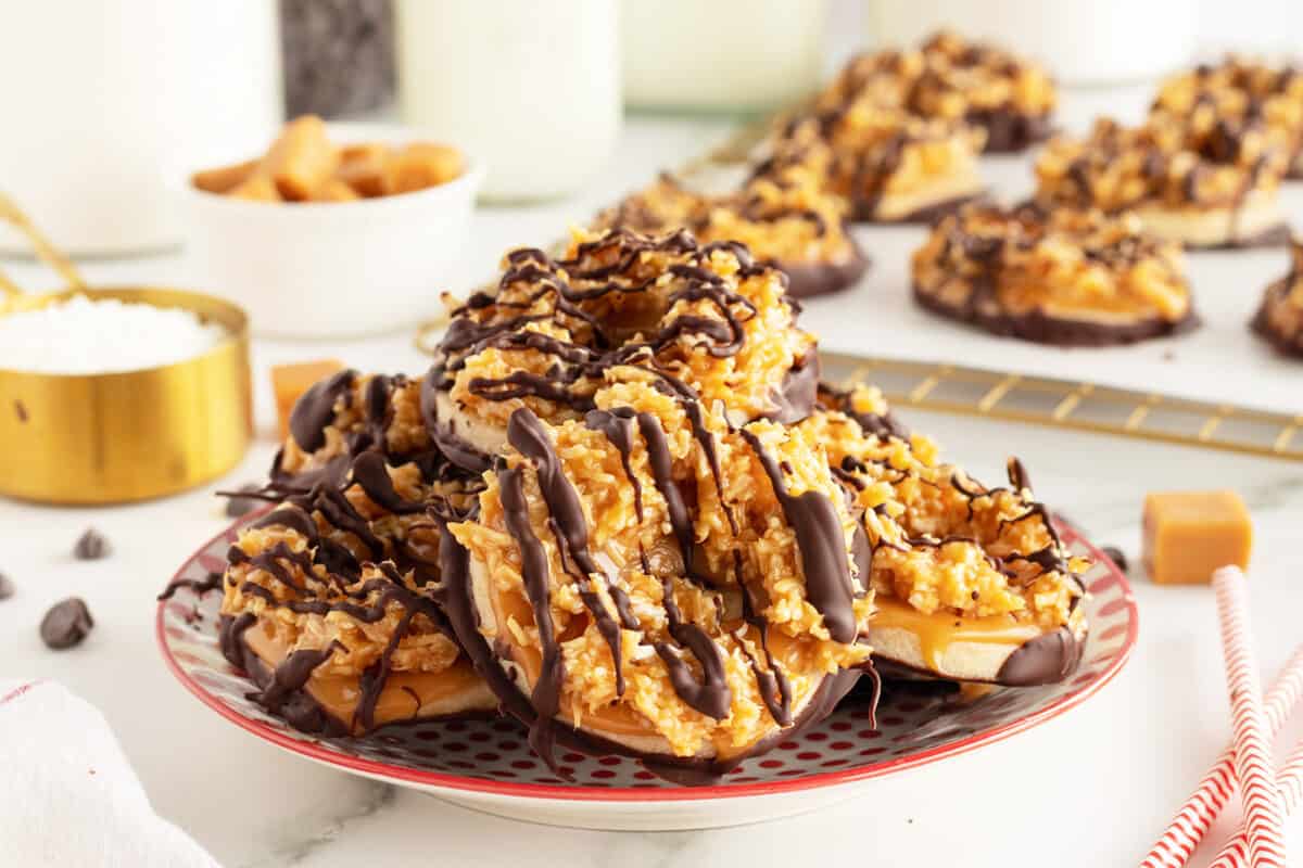 samoa cookies piled on a plate