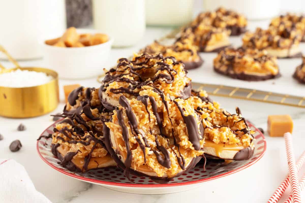 samoa cookies piled on a plate