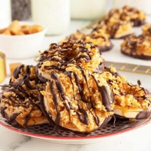 samoa cookies piled on a plate