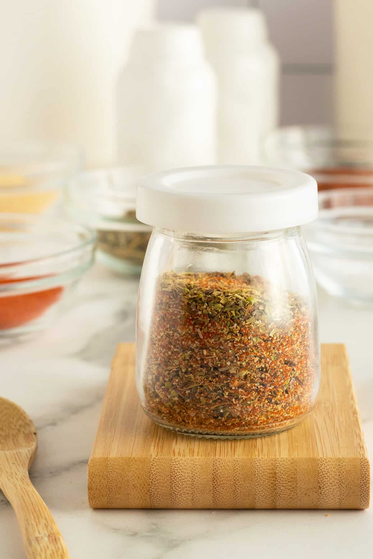 shrimp seasoning in a clear jar with lid