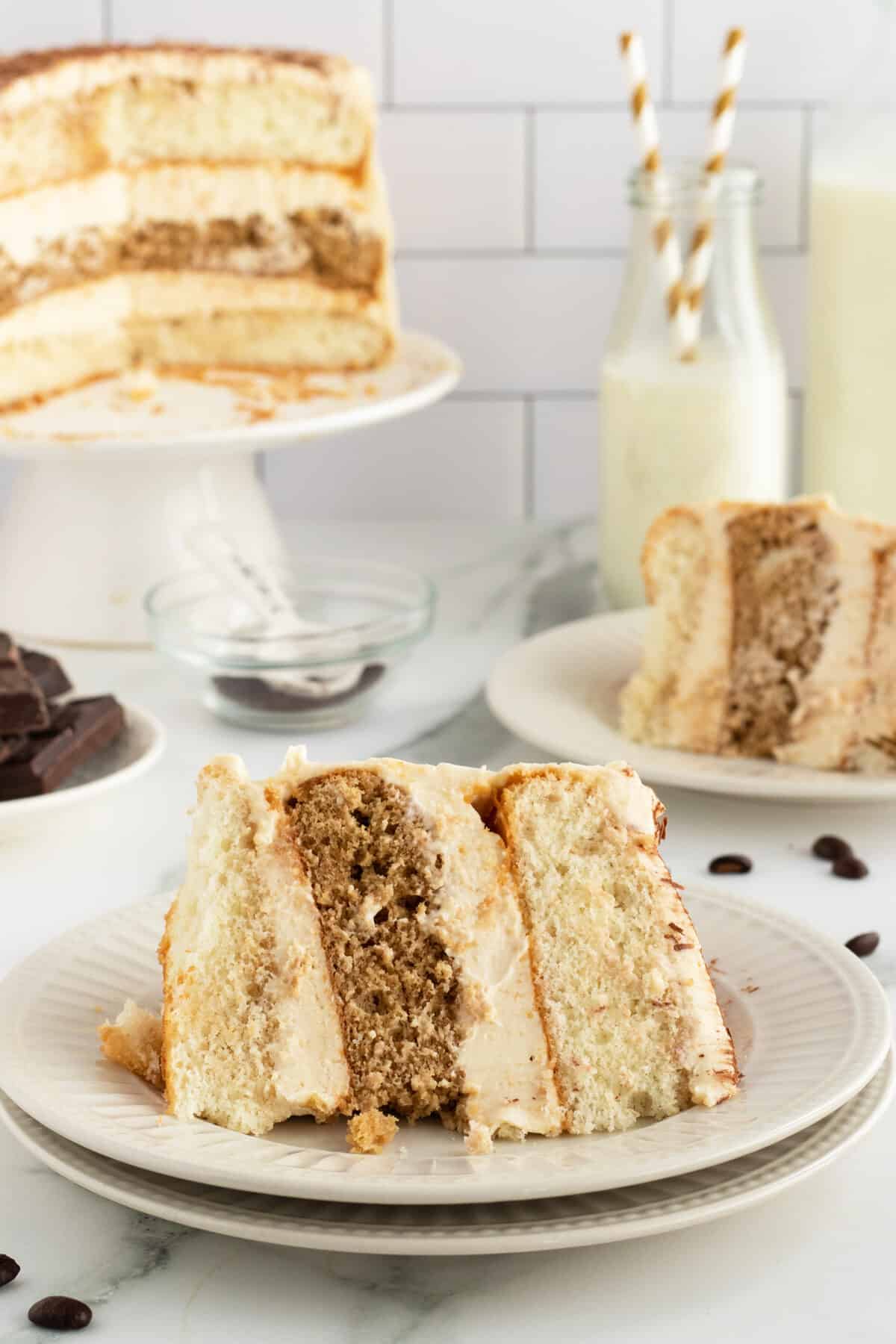 tiramisu cake slice on a white late