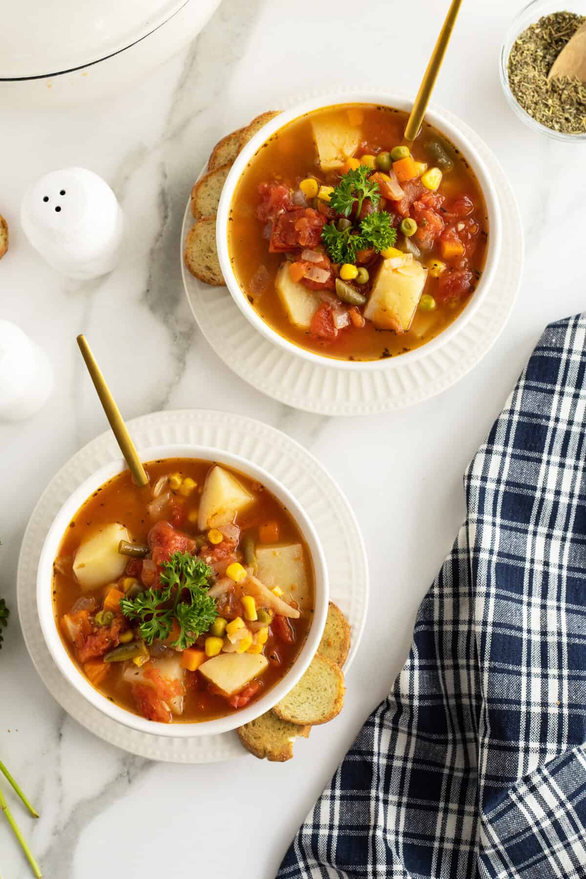 vegetable soup overhead view of two bowls with spoons