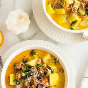 zuppa toscana in two white bowls