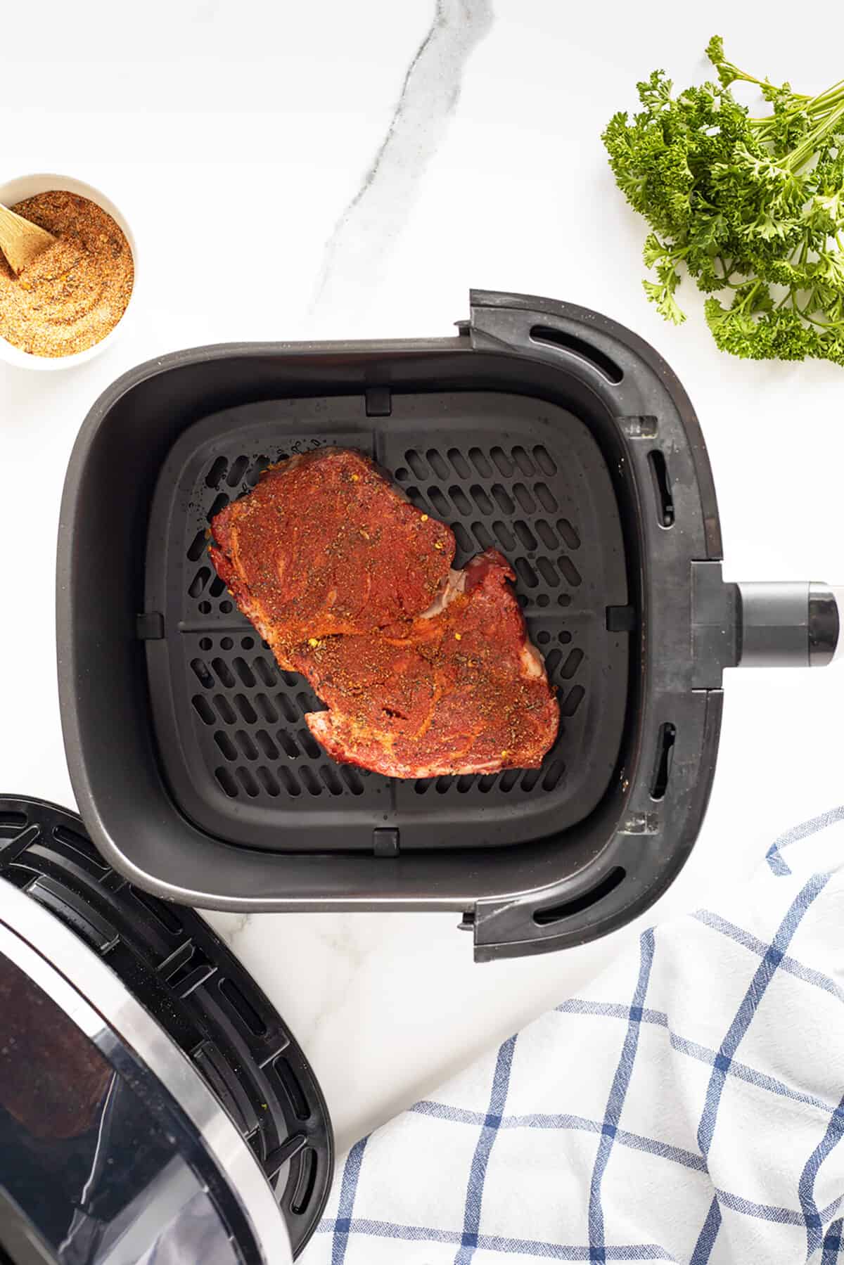 air fryer steak in the air fryer basket