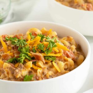 Cheeseburger Casserole in a large white bowl