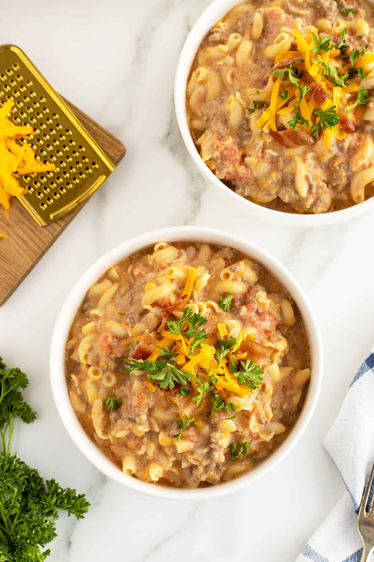 cheeseburger casserole overhead view of two bowls full