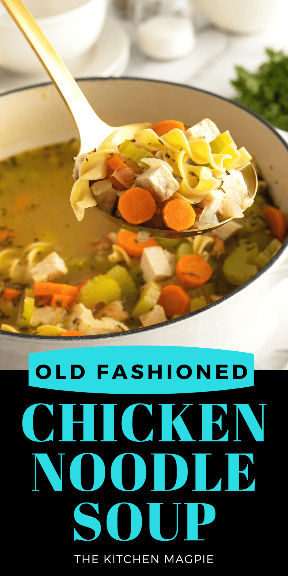 This simple chicken noodle soup manages to pack a lot into just one bowl. It’s cozy, healthy, filling, and requires very little time in the kitchen.