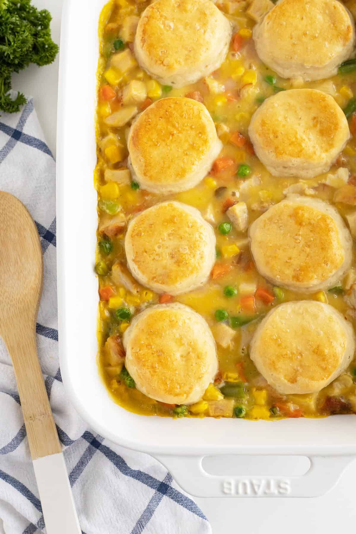 chicken pot pie casserole in a baking pan looking from overtop