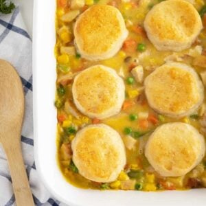 chicken pot pie casserole in a baking pan looking from overtop