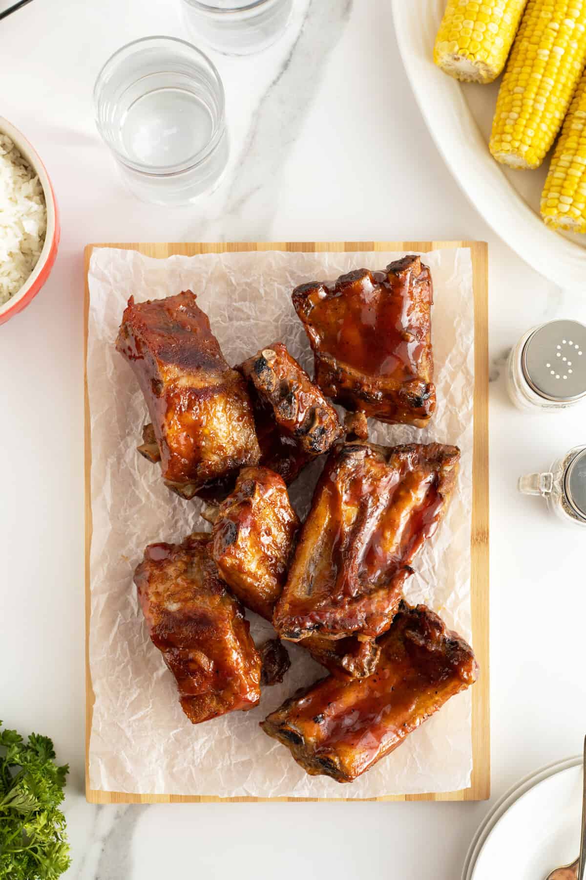 instant pot ribs  overhead view on a cutting board