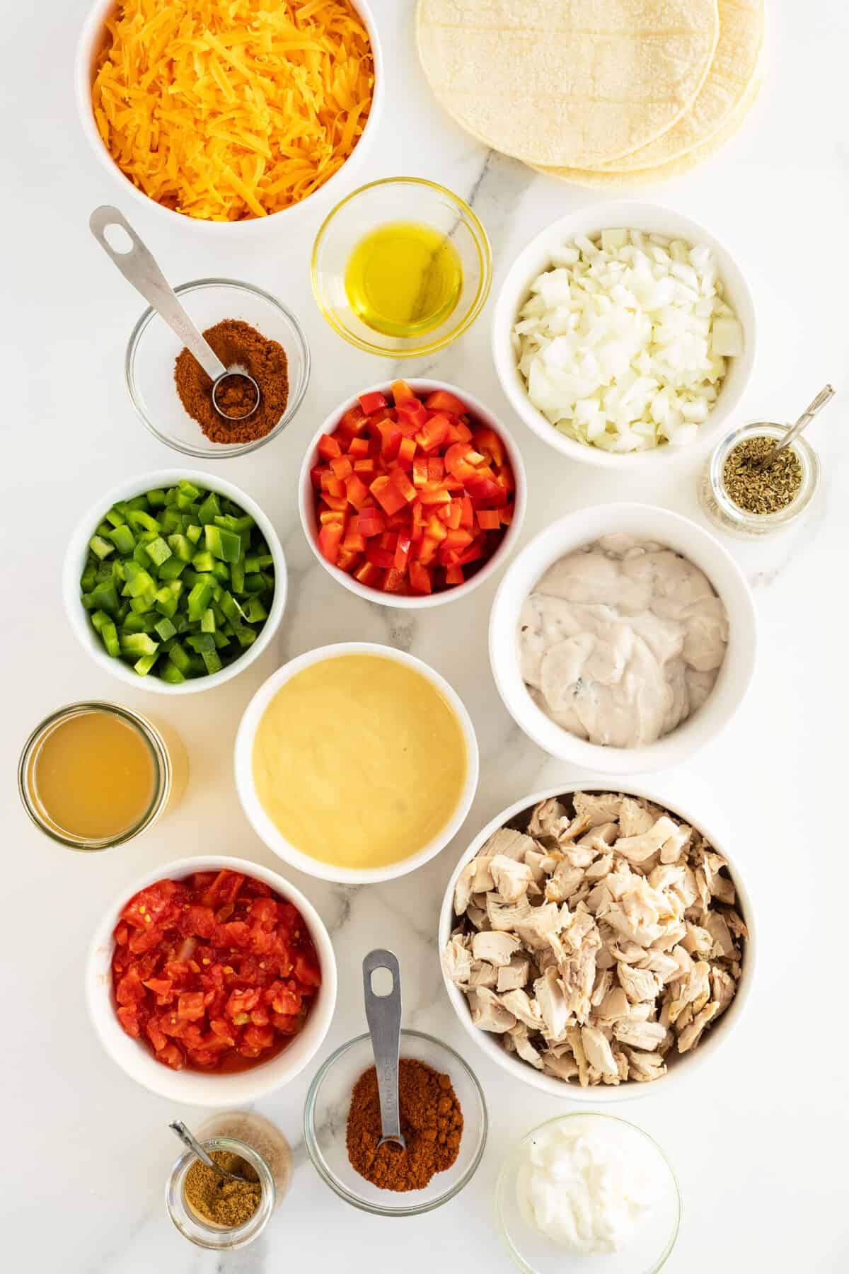 king ranch casserole ingredients in small white bowls