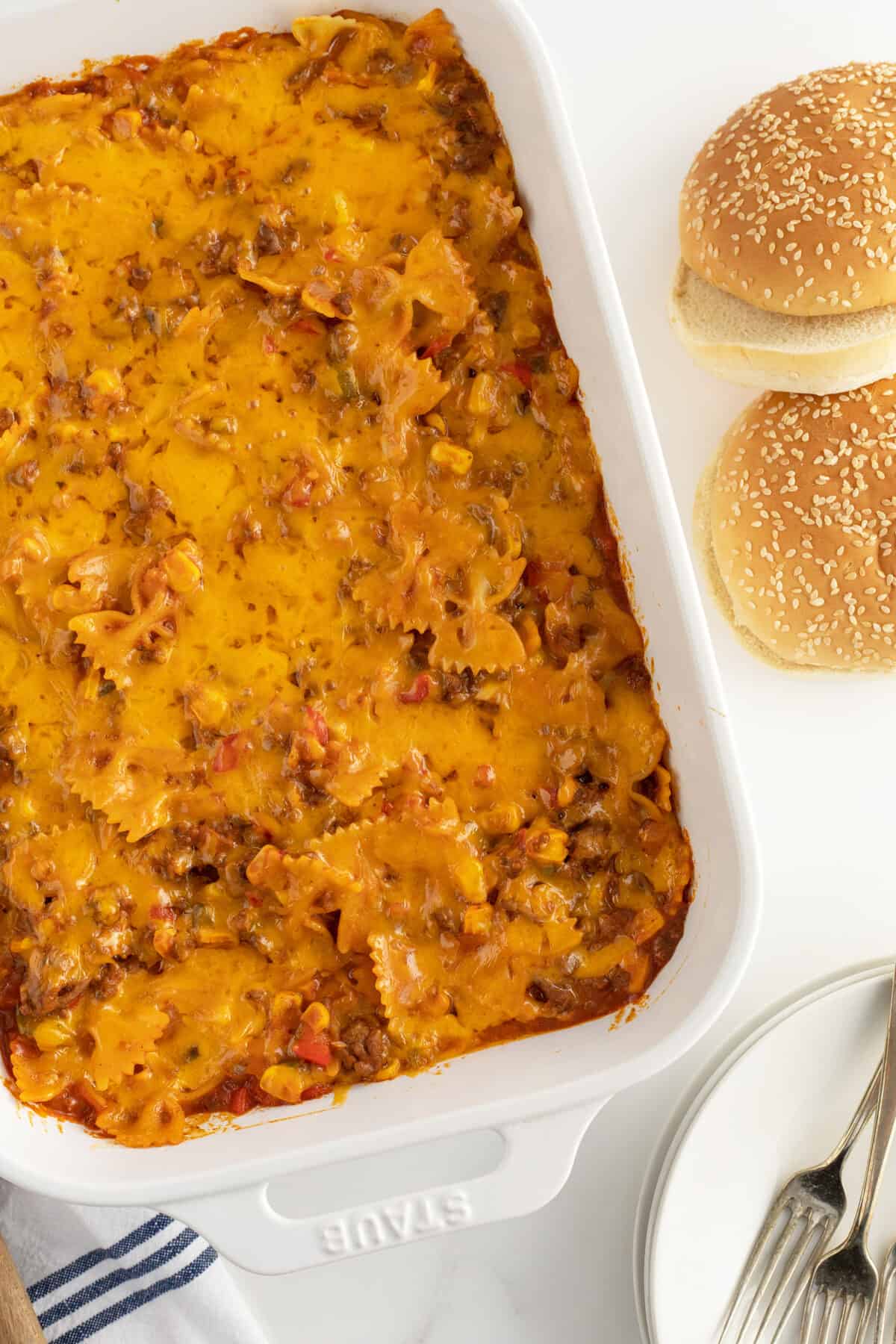 overhead view of a pan of sloppy joe casserole