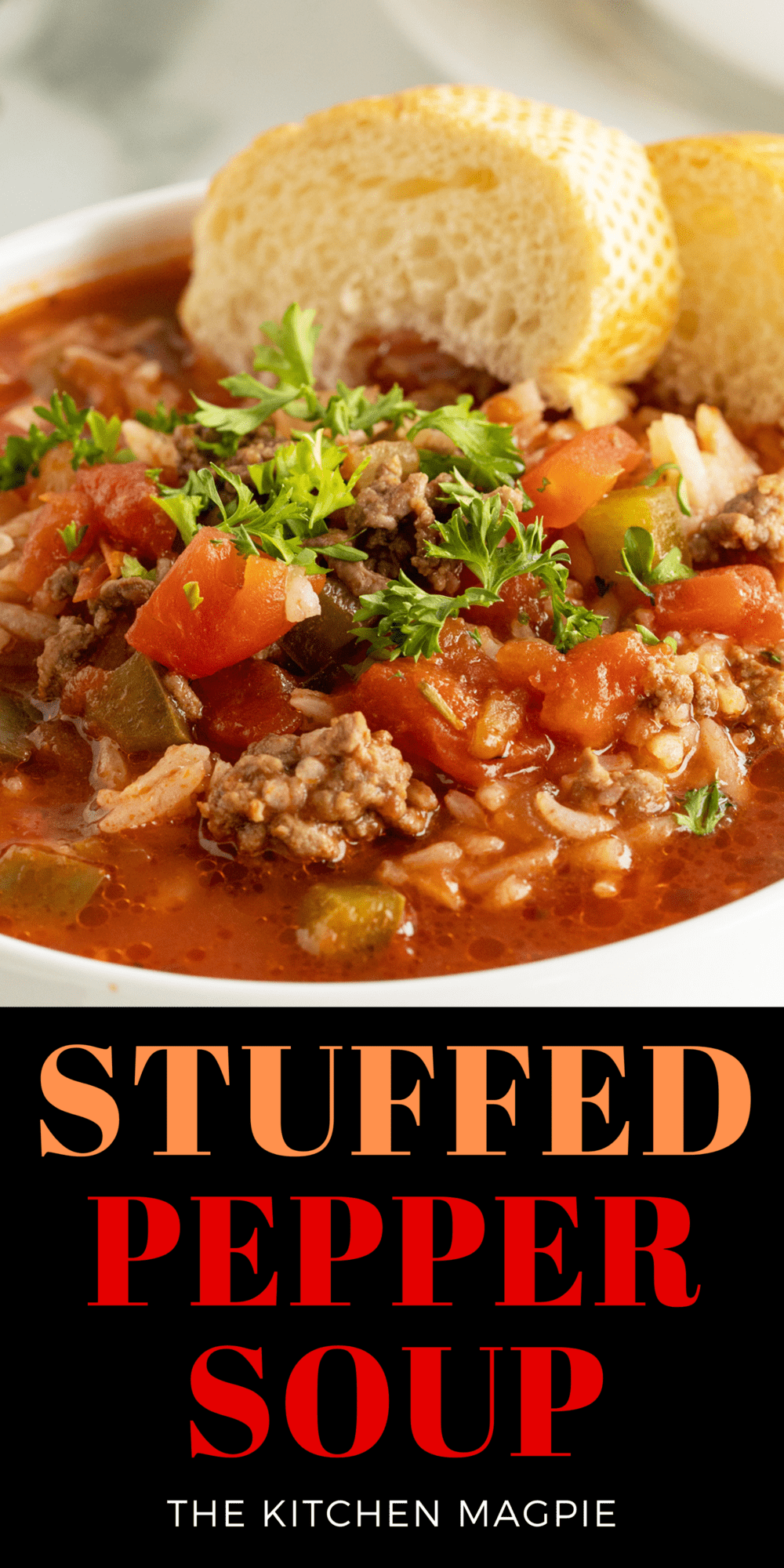 Stuffed pepper soup is packed with vegetables, meat, rice, and sauce, making this a hearty, comforting soup that is perfect for cold weather days.