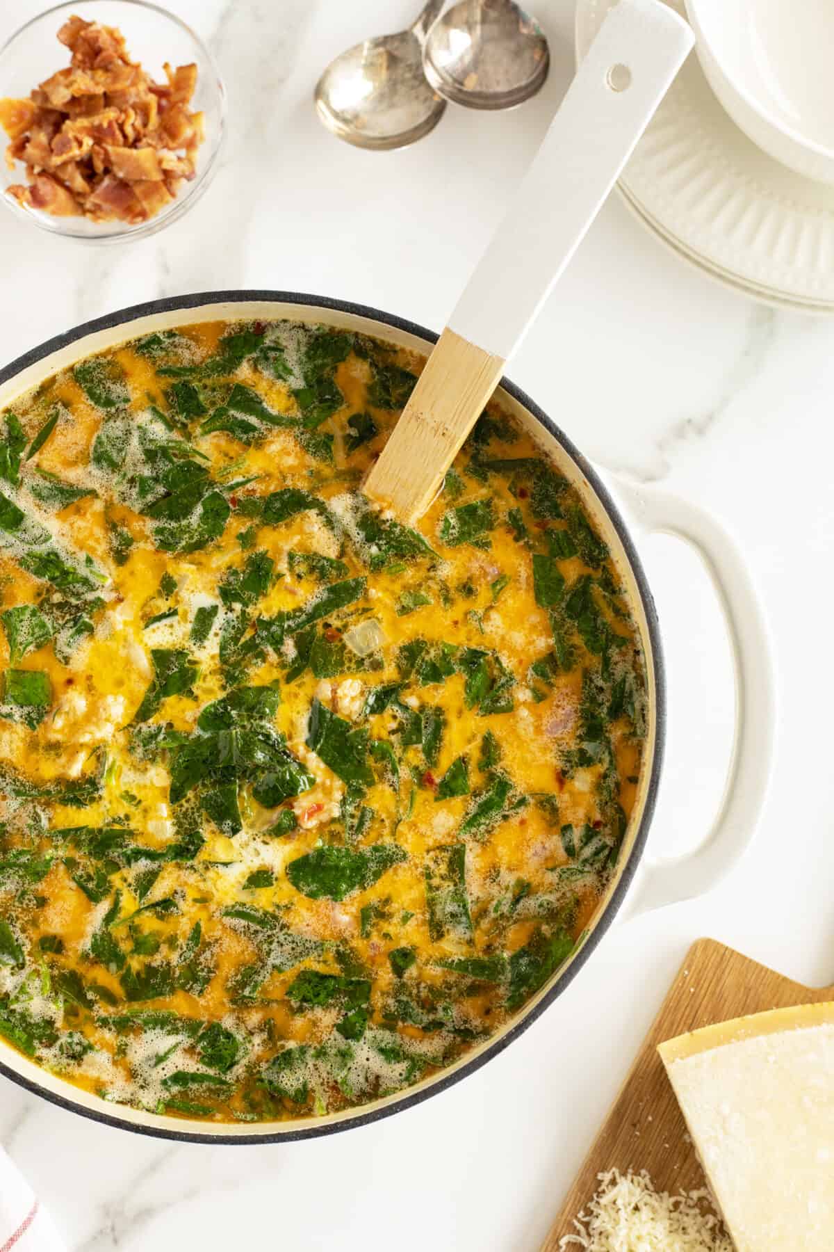 zuppa toscana overhead view of the pot