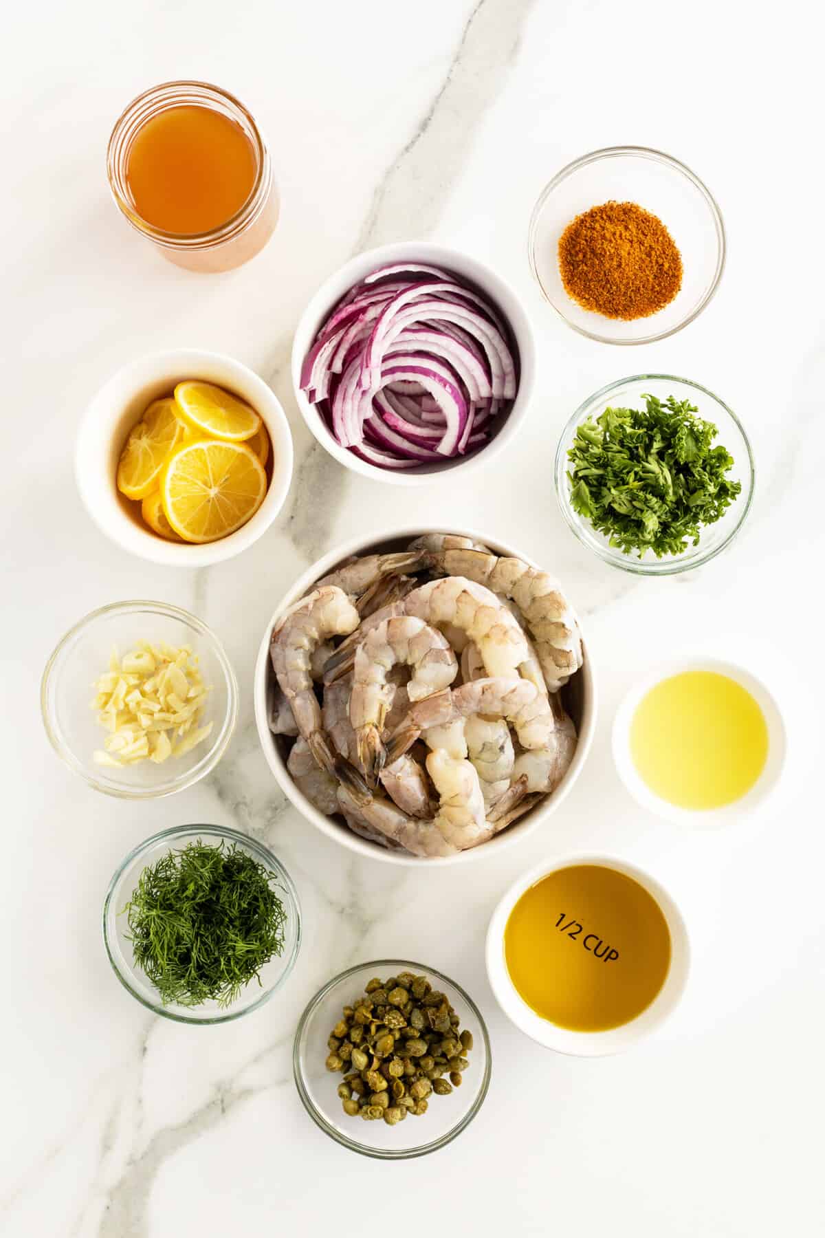 pickled shrimp ingredients in small clear bowls