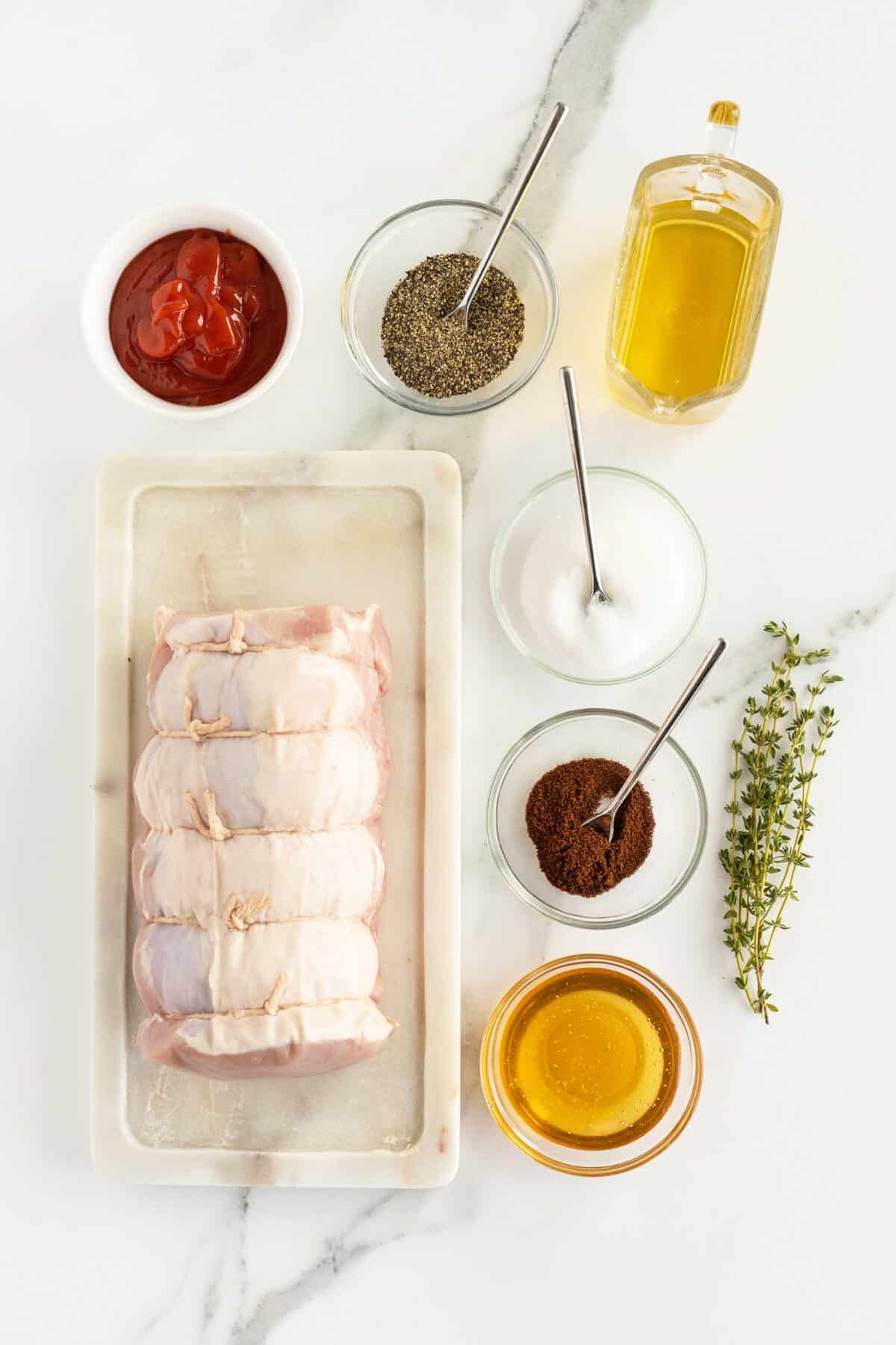 Grilled pork loin ingredients in small clear bowls