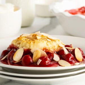 cherry cobbler on a white plate