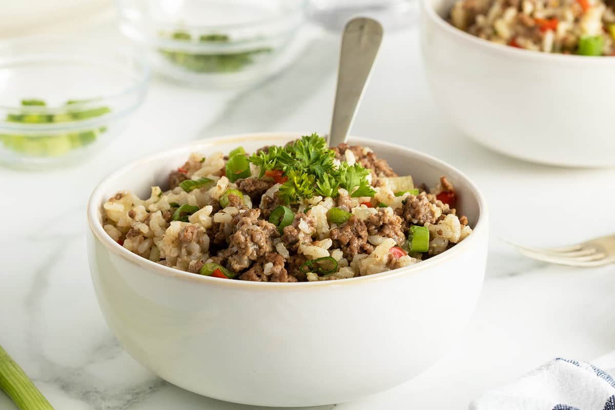 Savory Southern-style rice dish with ground meat, spices, and vegetables.