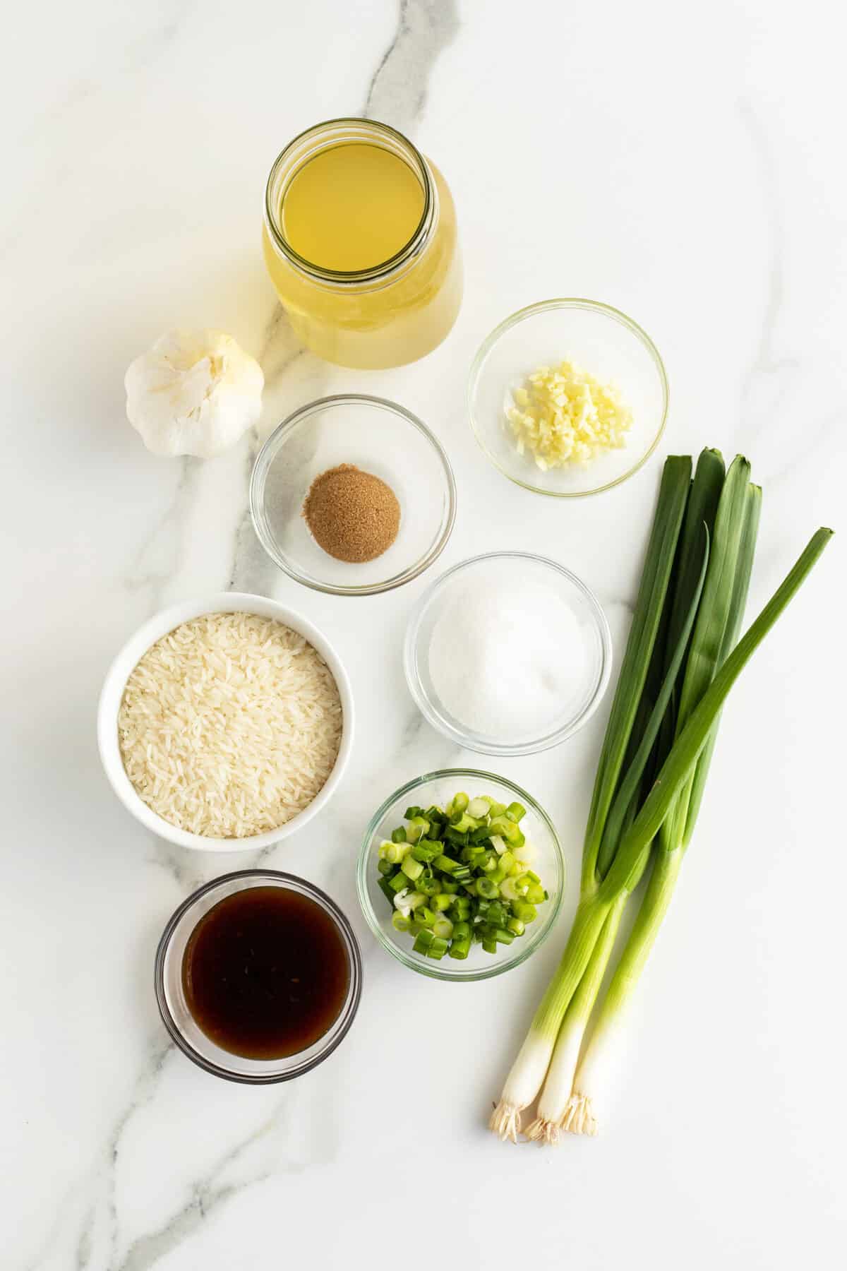 Teriyaki rice ingredients in small bowls