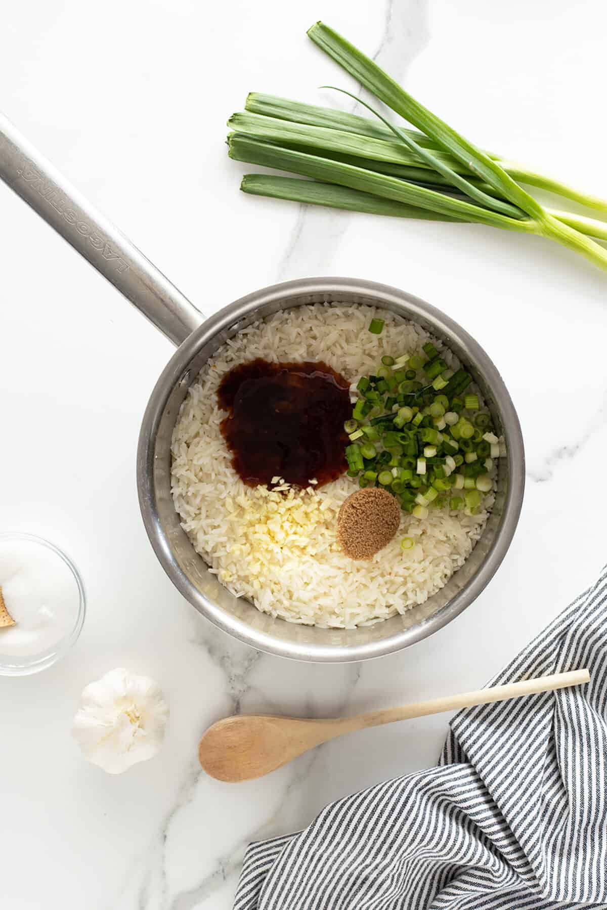 Teriyaki rice separate ingredients in a pot