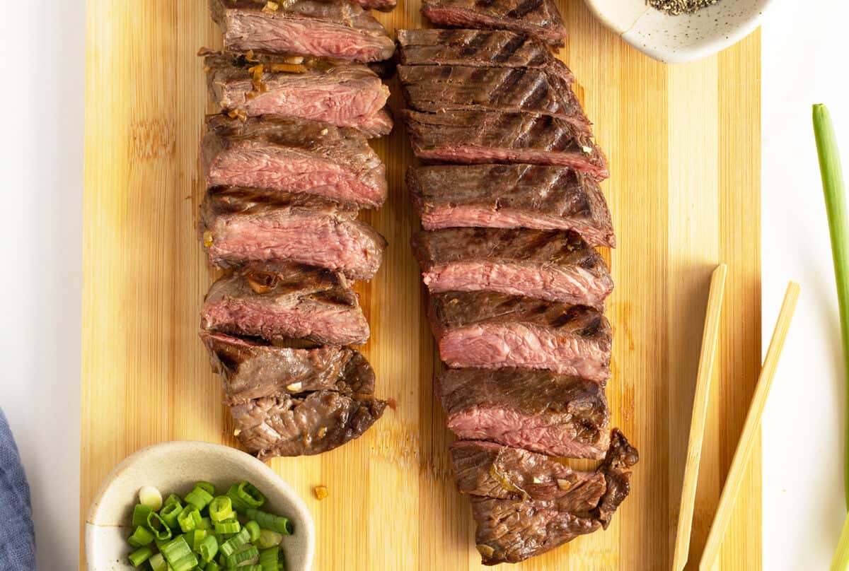 teriyaki steak sliced on a cutting board