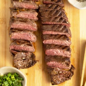 teriyaki steak sliced on a cutting board