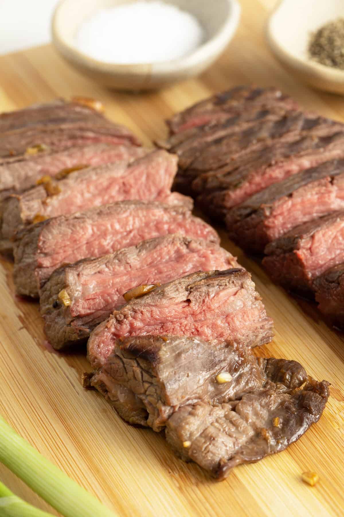 teriyaki steak  sliced on a cutting board