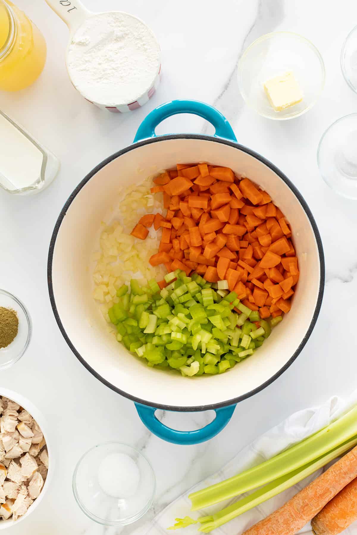 chicken and dumpling soup vegetables in a soup pot