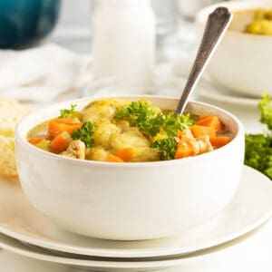 chicken and dumpling soup in a white bowl with a spoon in the bowl