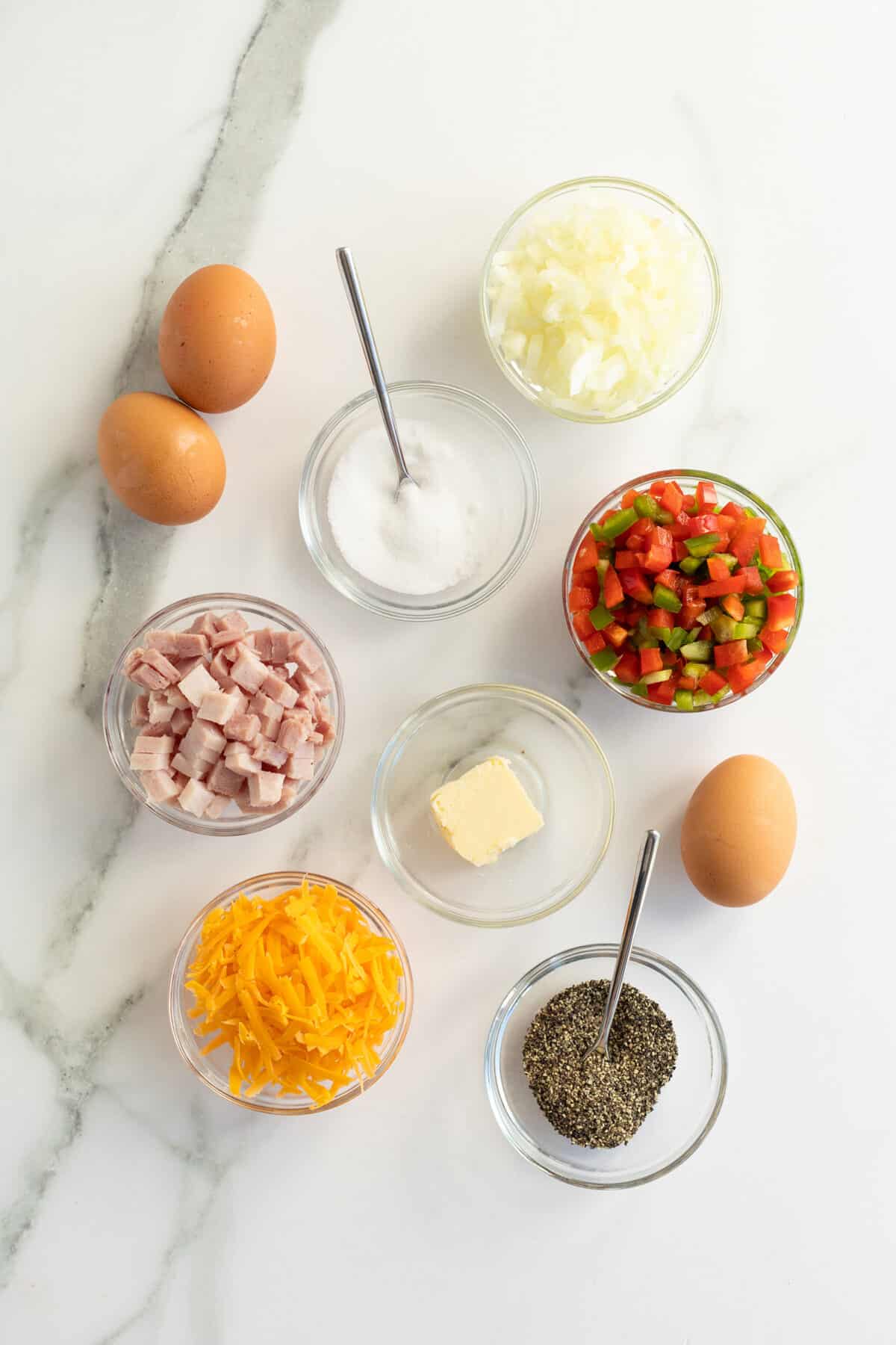 Denver omelet ingredients in small clear bowls
