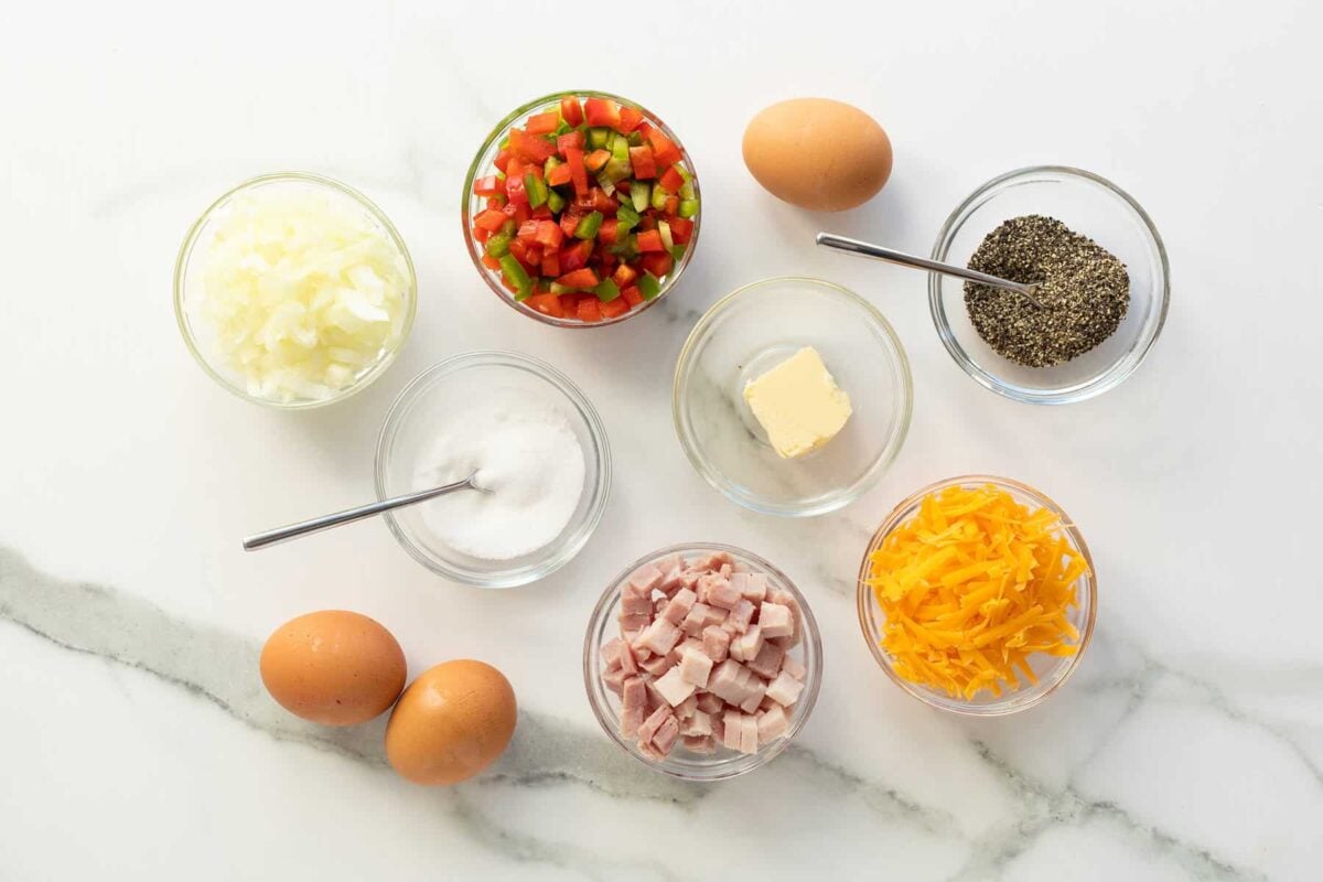Denver omelet ingredients in small clear bowls