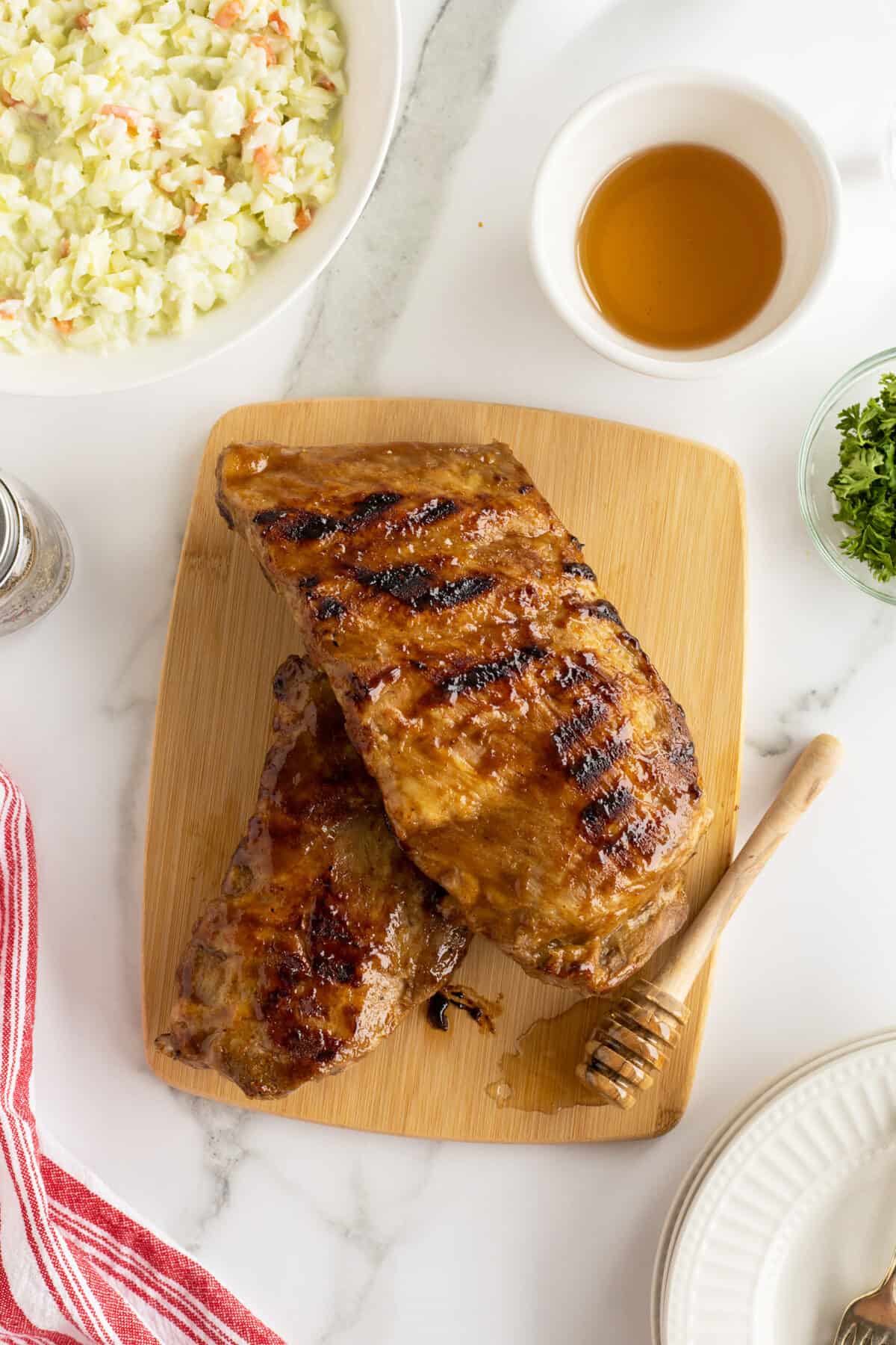 honey mustard glazed ribs on a cutting board whole