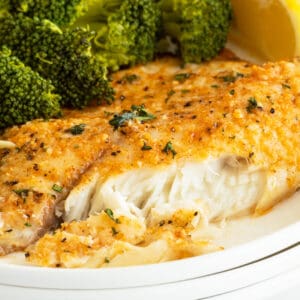 Parmesan crusted tilapia on a plate with broccoli