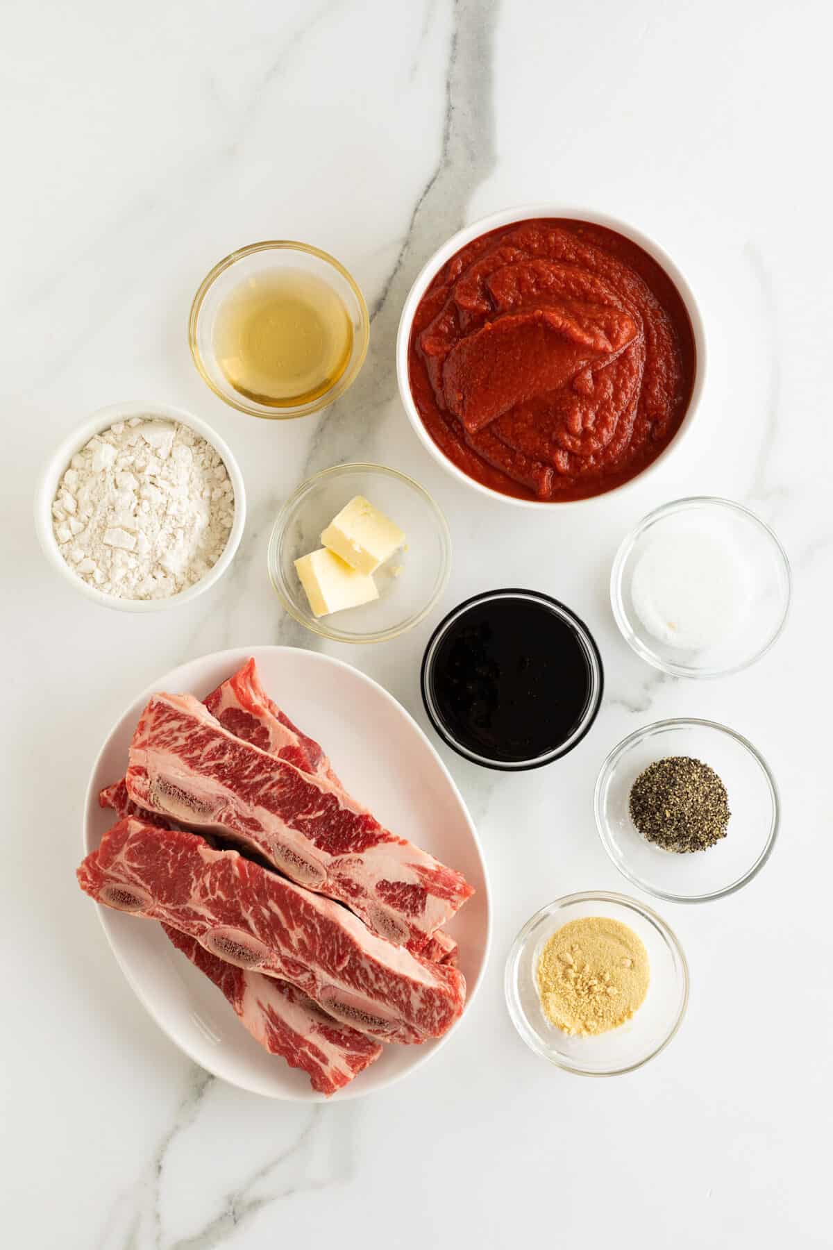 slow cooker short ribs ingredients in small white bowls
