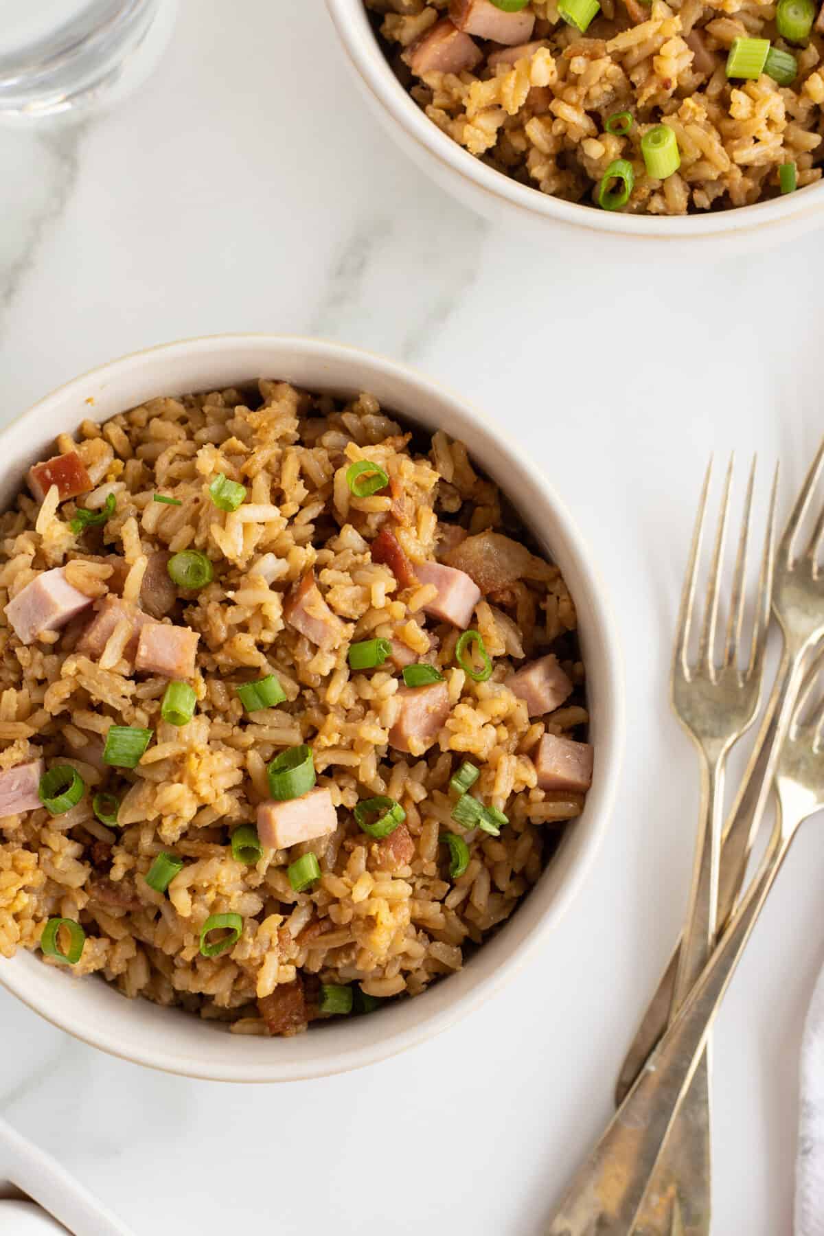 breakfast rice in white bowls