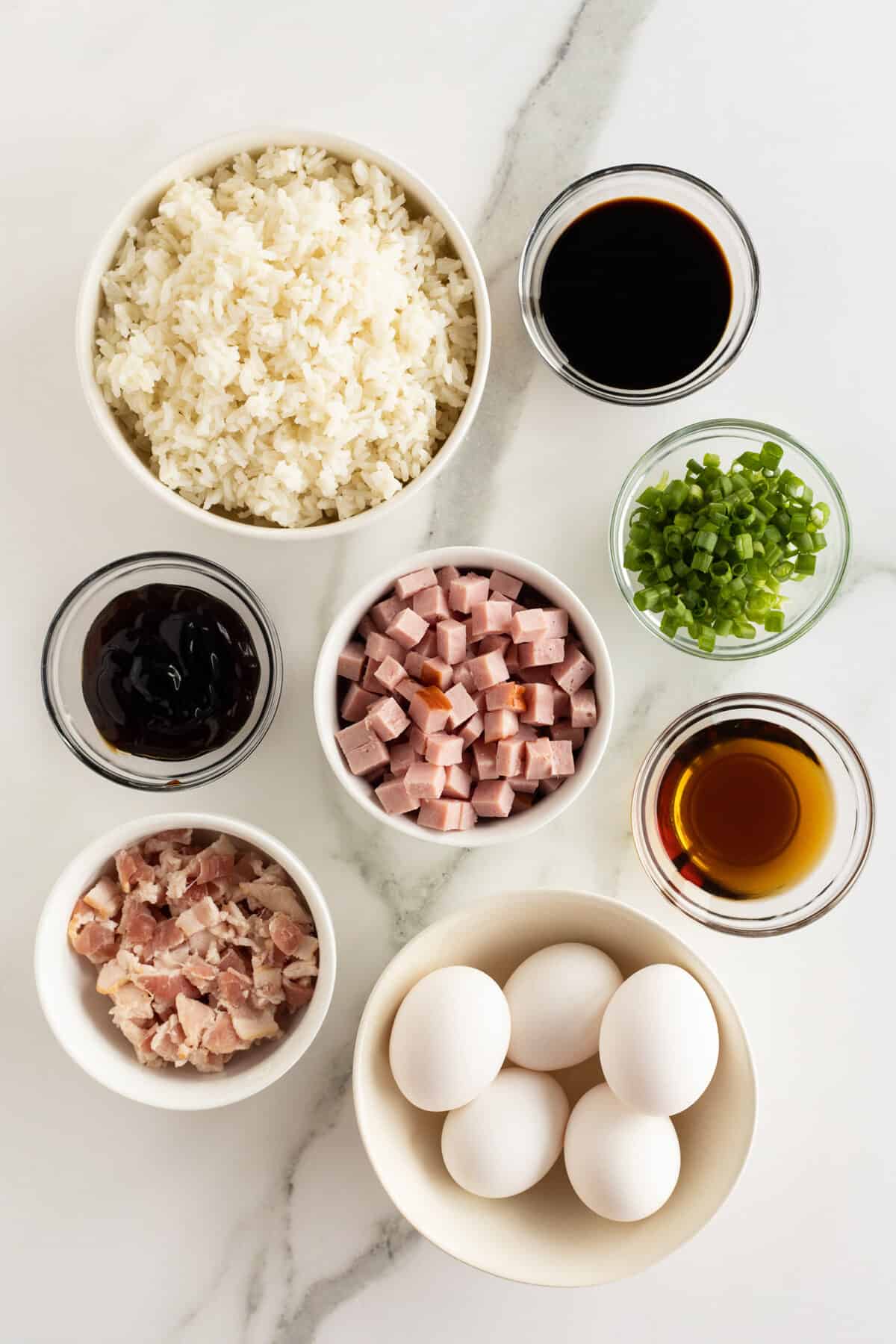 breakfast rice ingredients in small clear bowls