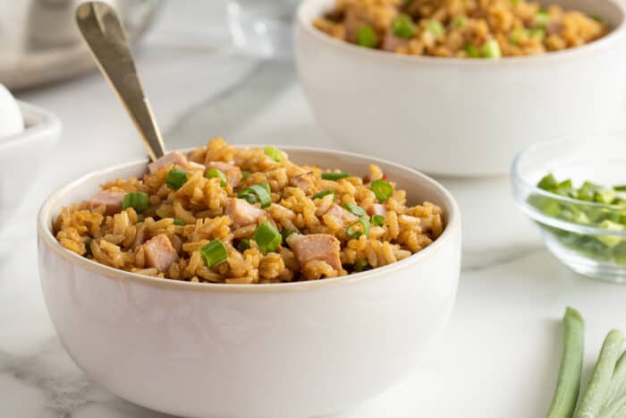 breakfast rice in a white bowl with a spoon